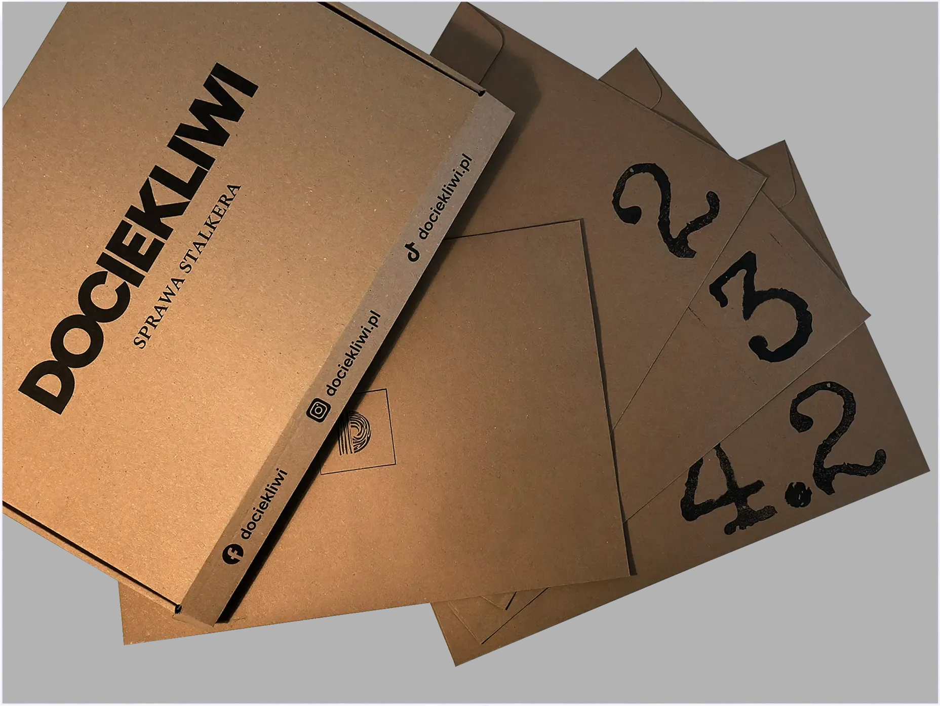 Pudełko i koperty z grą DOCIEKLIWI